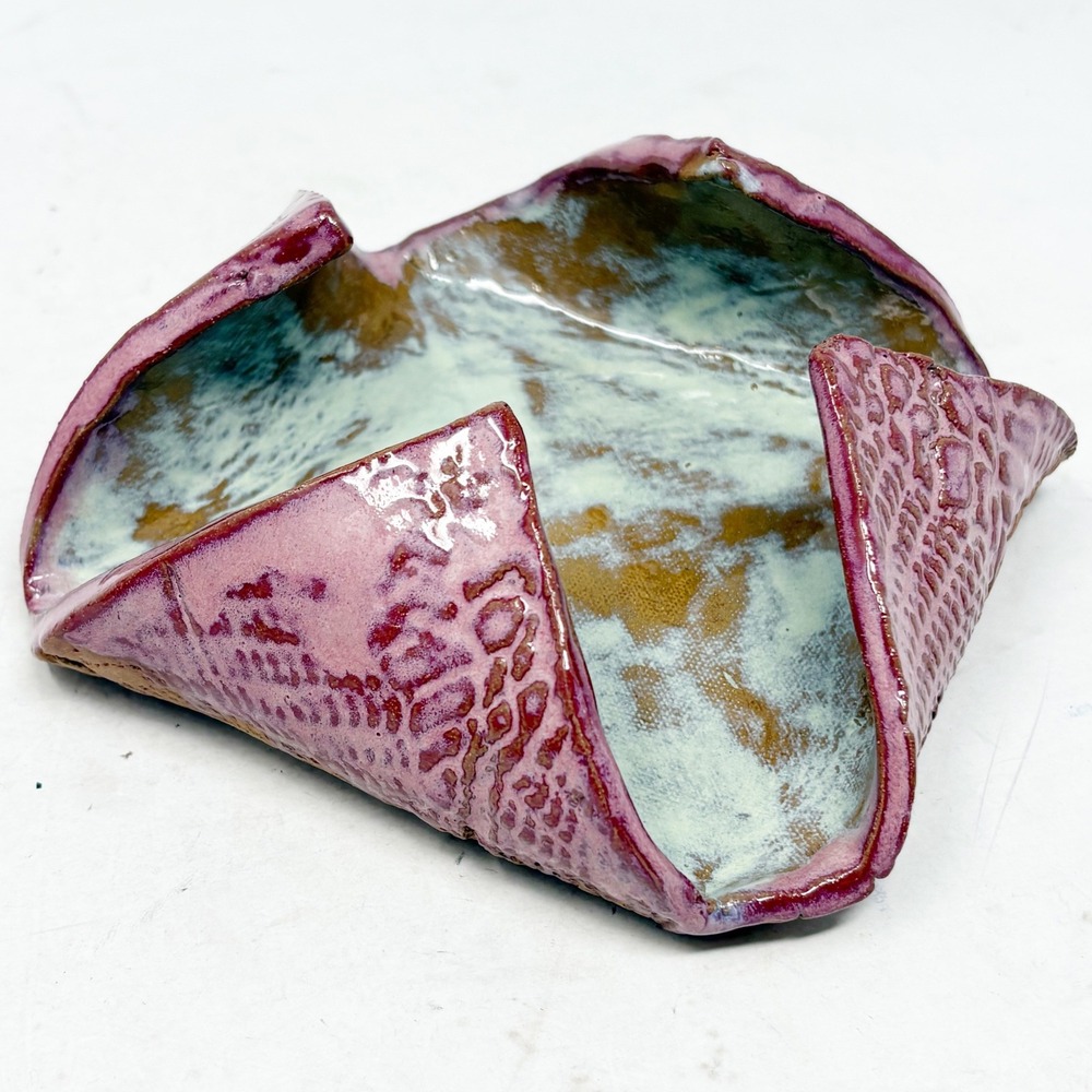 MV Studio Pottery Abstract Folded Square Ceramic Bowl Purple Green Textured 6.5"